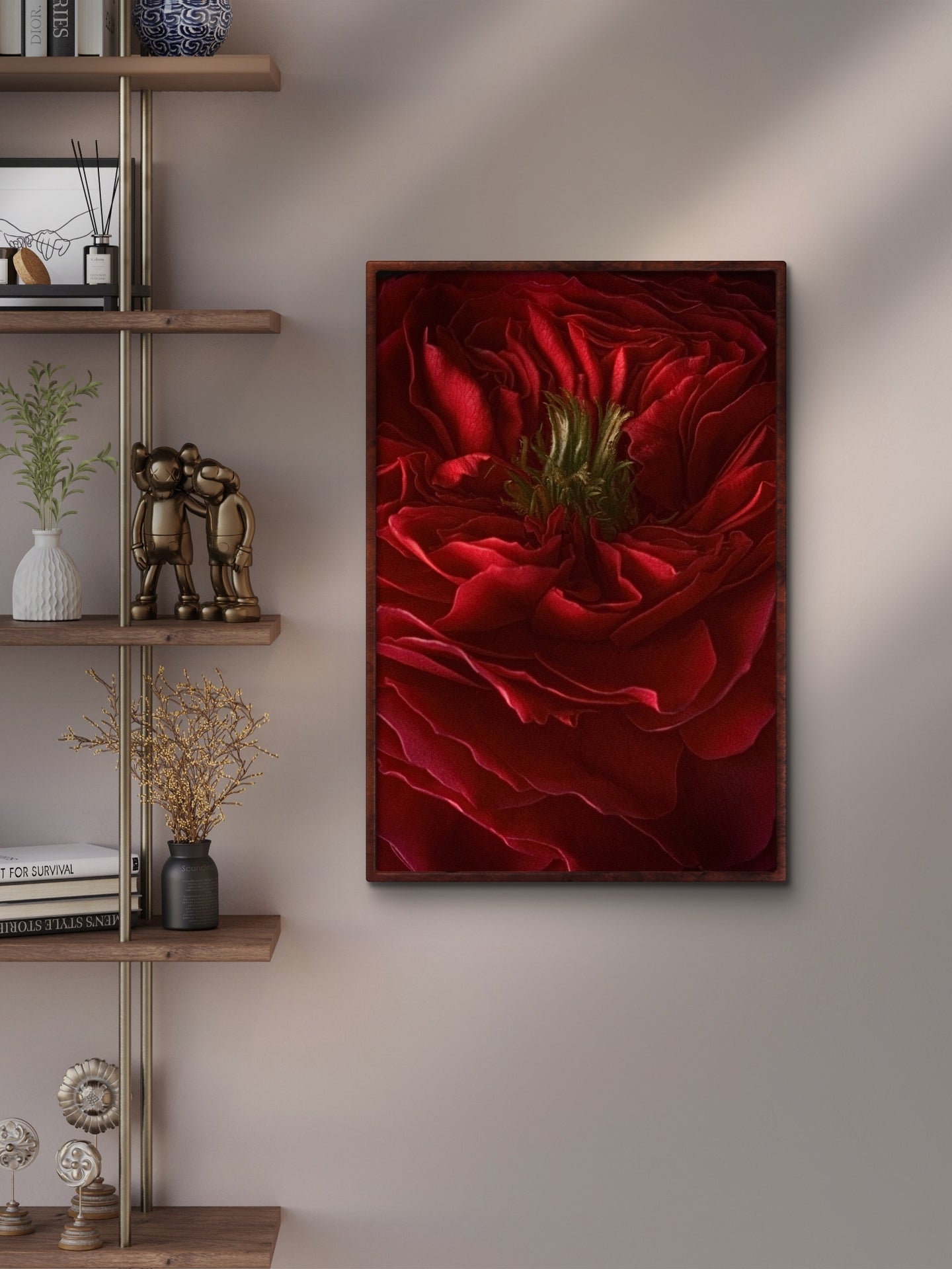 The Winter Red Rose, Dramatic Macro Red Petals Fine Art Photo, Statement Wall Art Piece, Vertical Moody