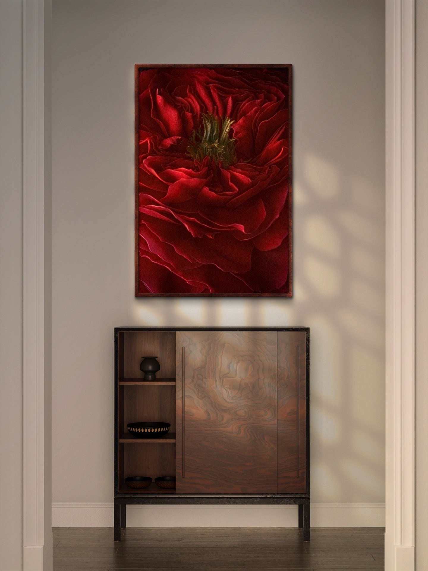 The Winter Red Rose, Dramatic Macro Red Petals Fine Art Photo, Statement Wall Art Piece, Vertical Moody