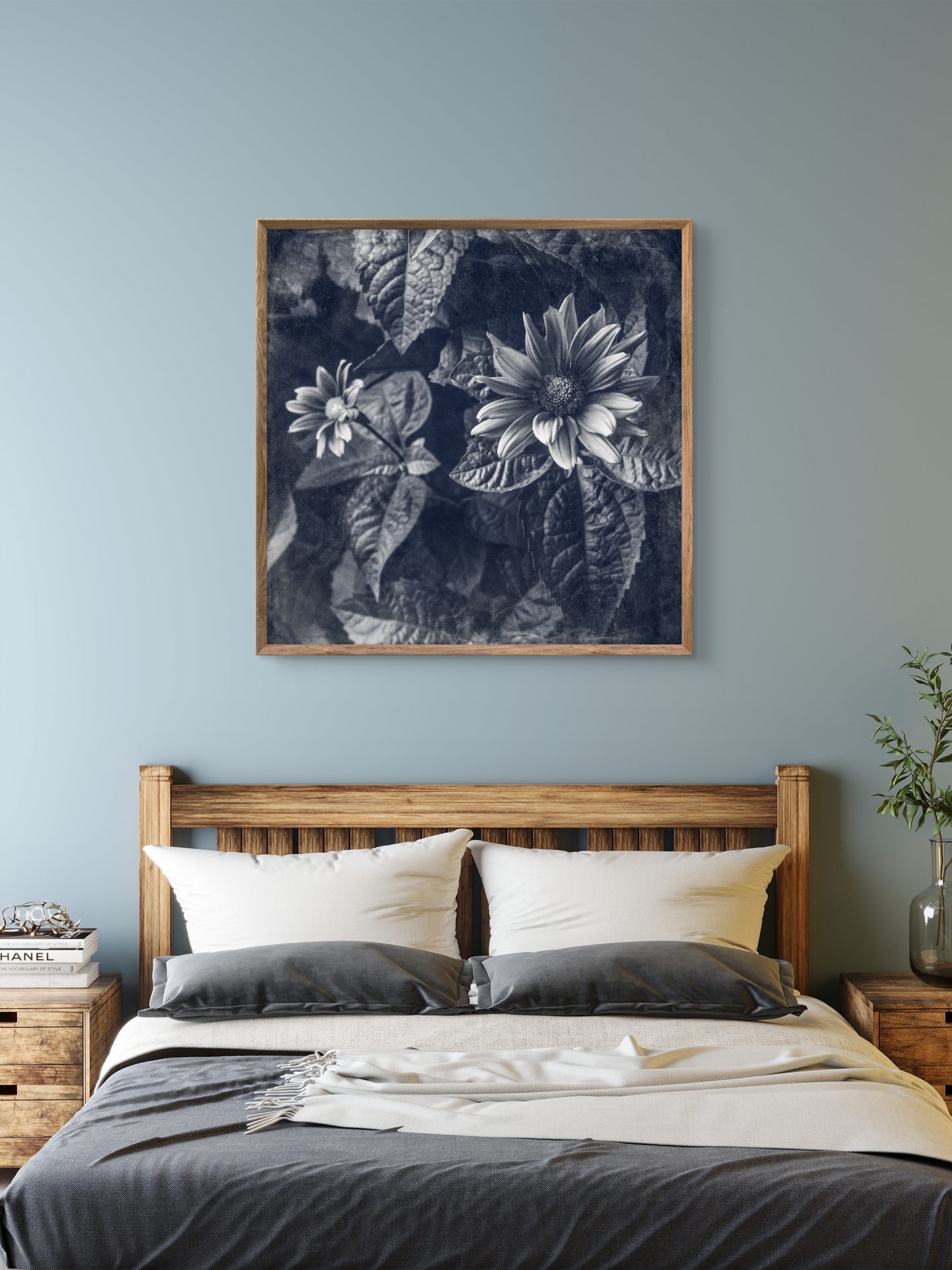 Blue Toned Black and White Floral Abstract