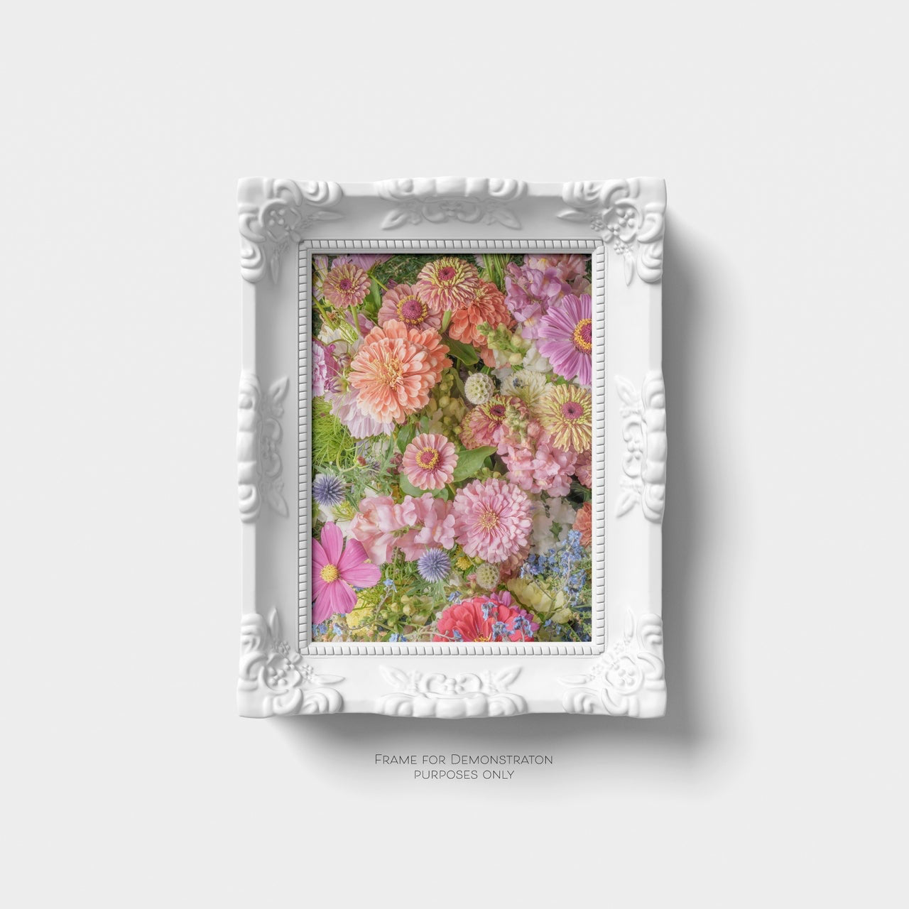 Floral Zinnia Arrangement Print With Vibrant Garden Flowers and Greenery