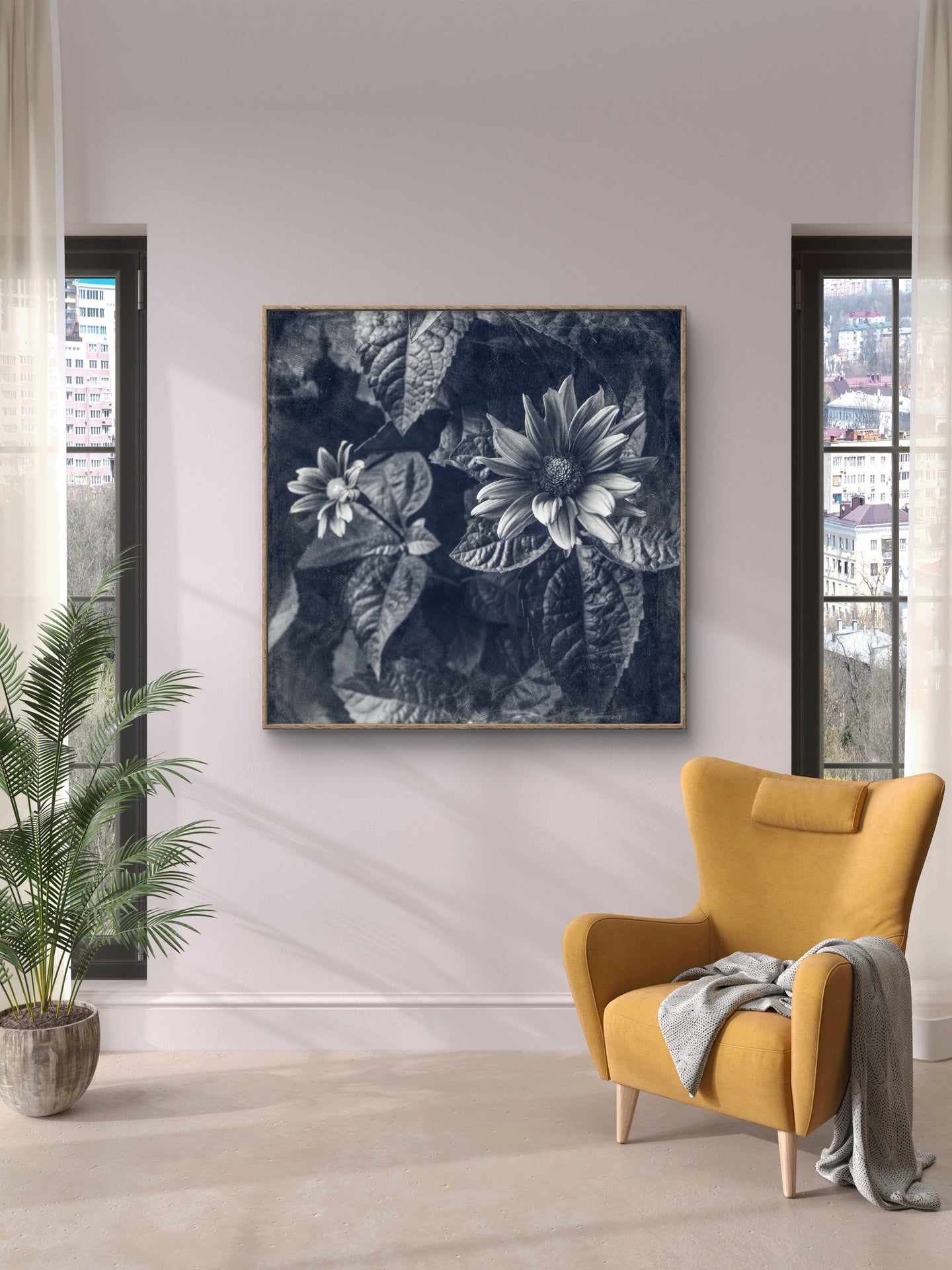 Blue Toned Black and White Floral Abstract