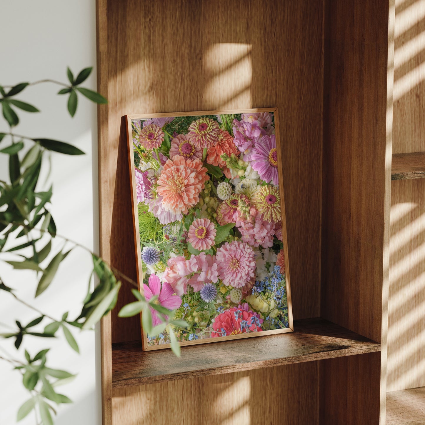 Floral Zinnia Arrangement Print With Vibrant Garden Flowers and Greenery