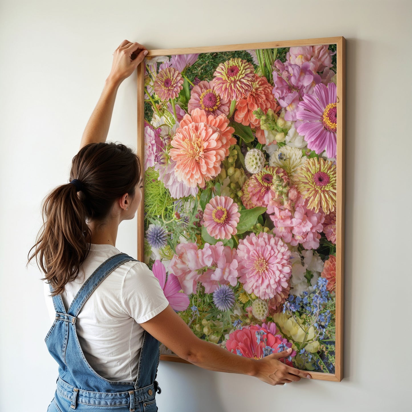 Floral Zinnia Arrangement Print With Vibrant Garden Flowers and Greenery