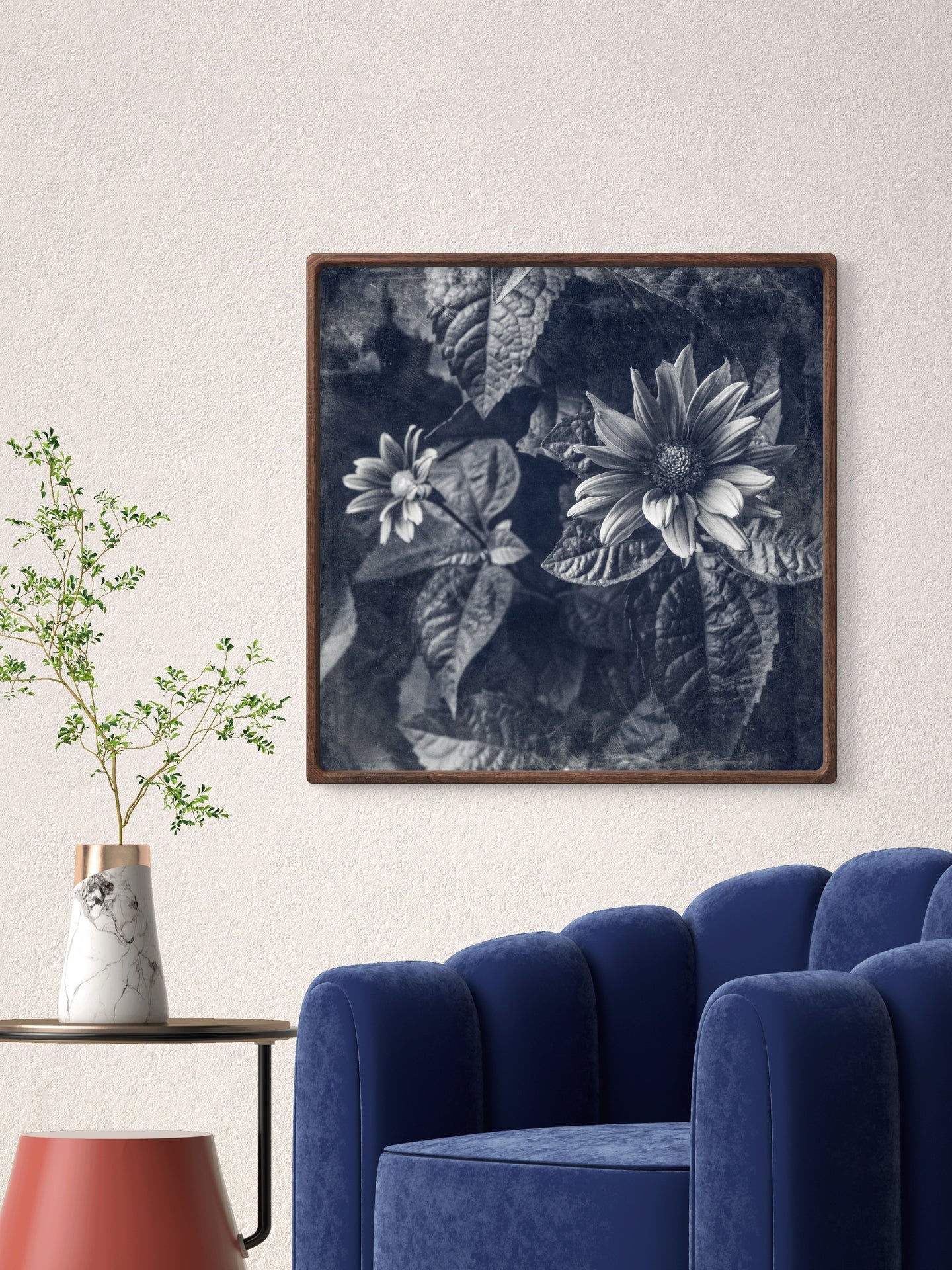 Blue Toned Black and White Floral Abstract