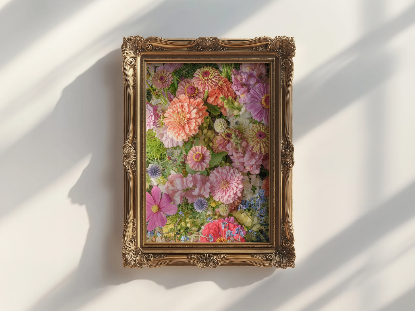 Floral Zinnia Arrangement Print With Vibrant Garden Flowers and Greenery