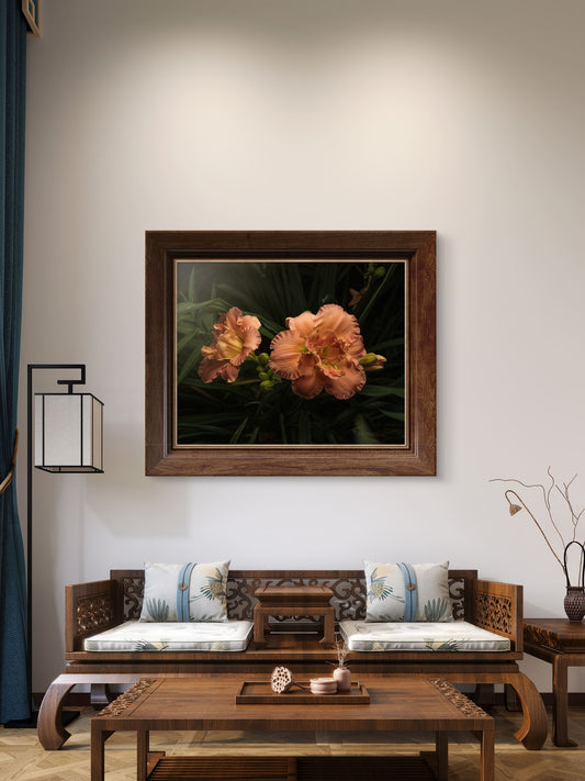 Ruffles on Daylilies, Peach Orange Moody Floral Horizontal Wall Art, Dramatic Photo Prints