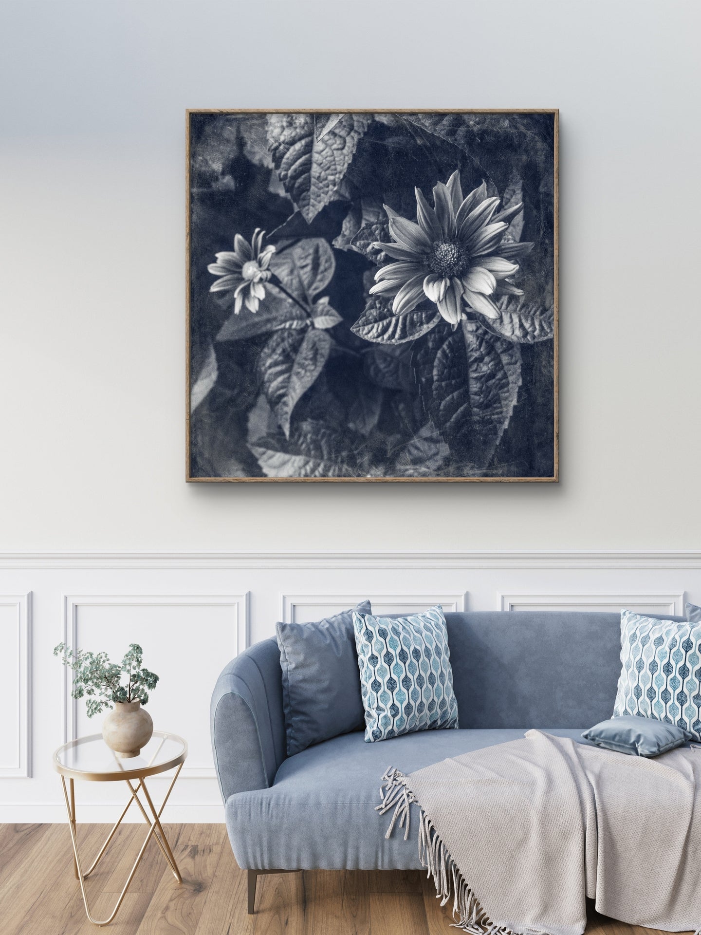 Blue Toned Black and White Floral Abstract