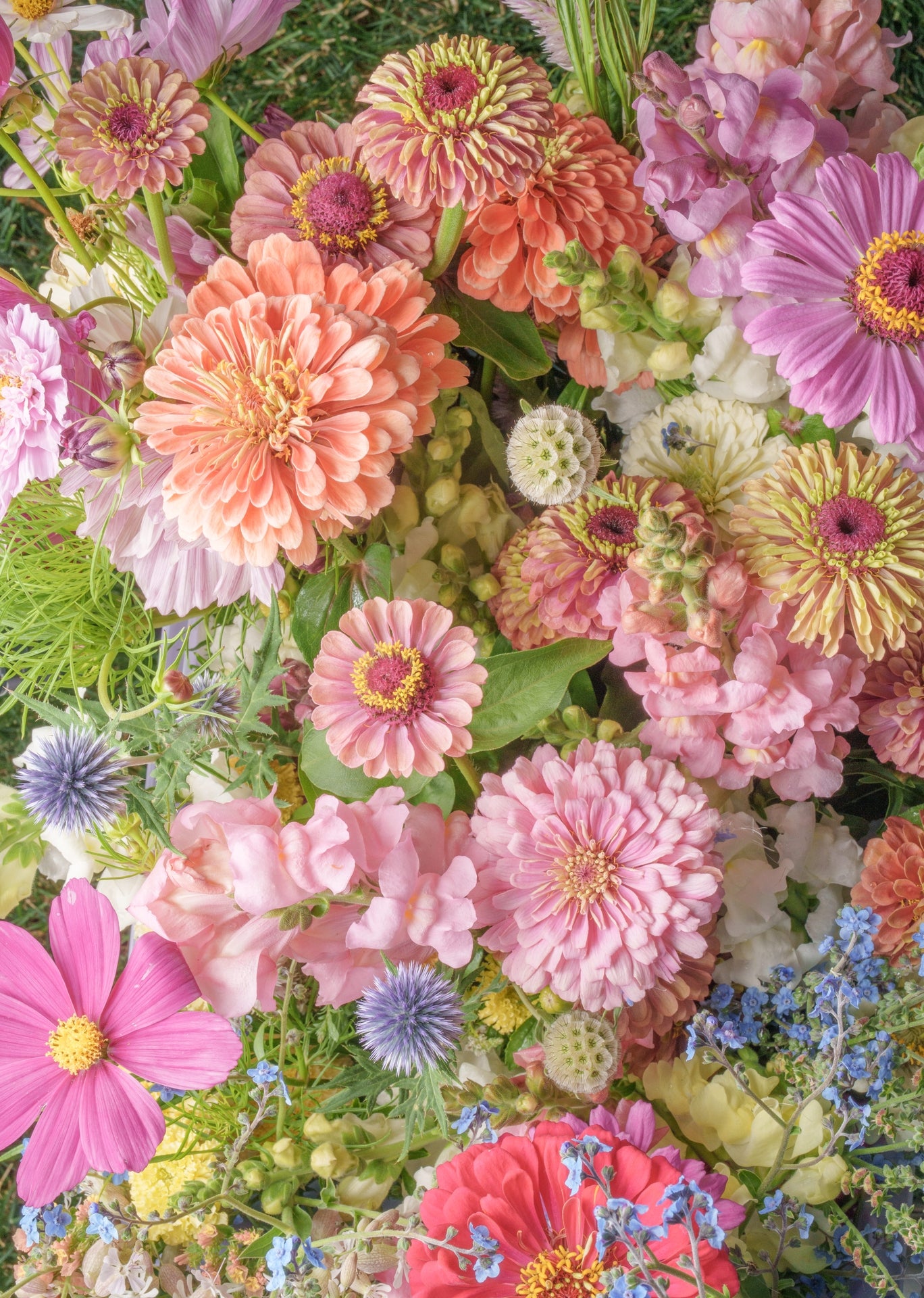 Floral Zinnia Arrangement Print With Vibrant Garden Flowers and Greenery