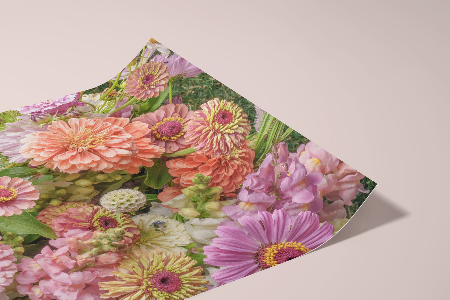 Floral Zinnia Arrangement Print With Vibrant Garden Flowers and Greenery