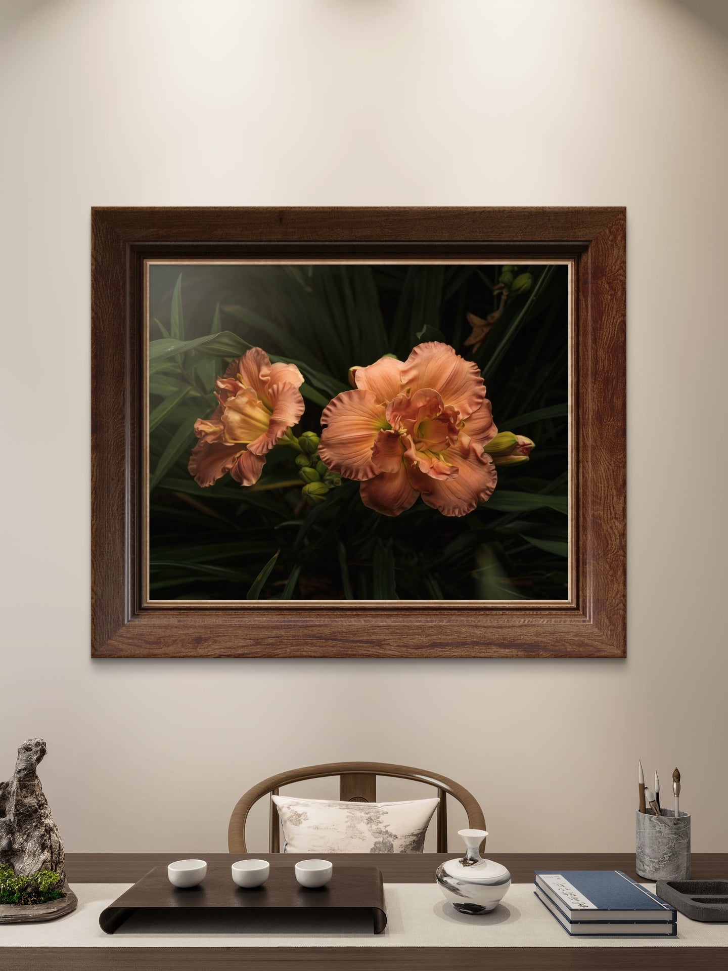 Ruffles on Daylilies, Peach Orange Moody Floral Horizontal Wall Art, Dramatic Photo Prints