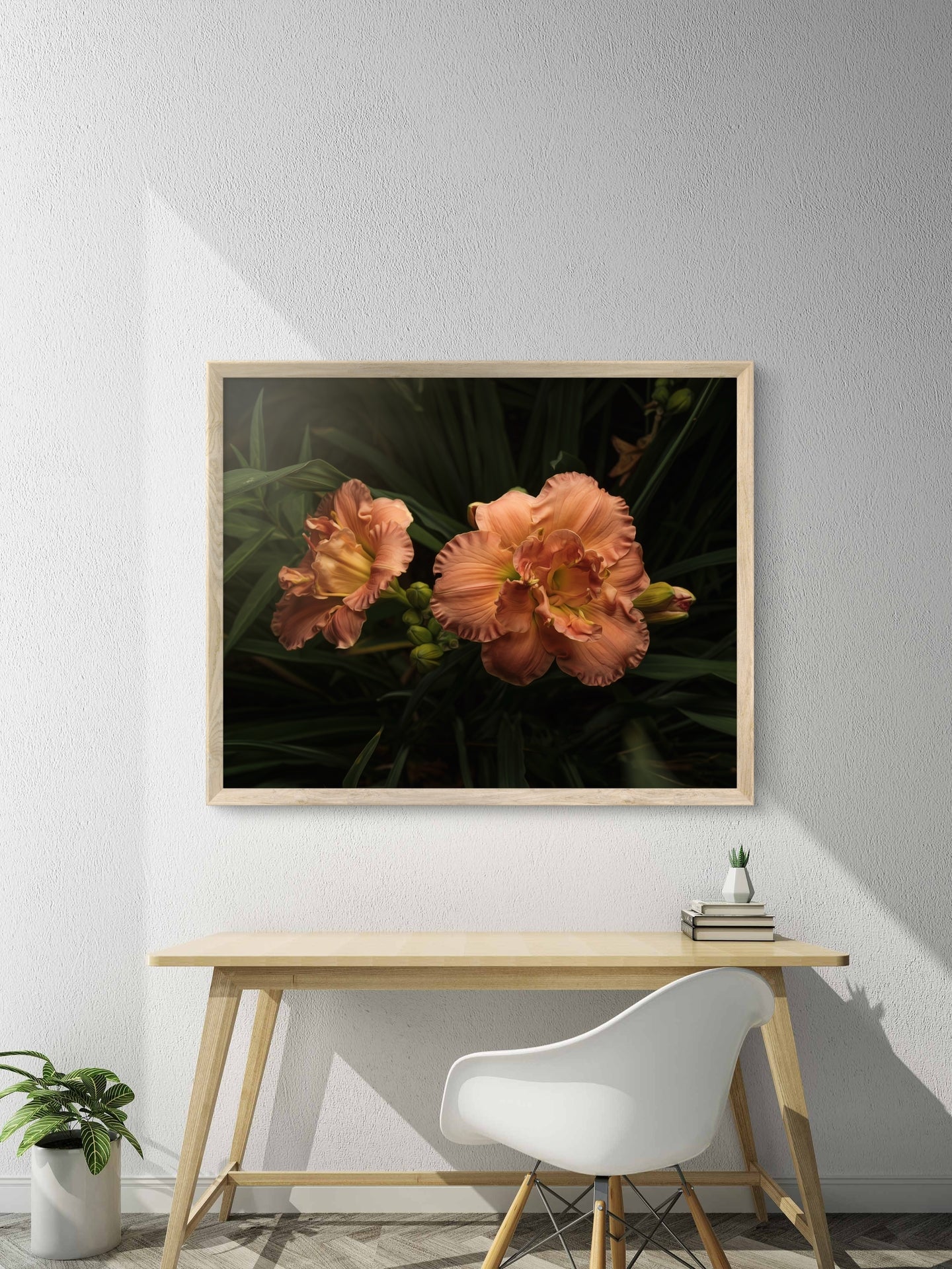 Ruffles on Daylilies, Peach Orange Moody Floral Horizontal Wall Art, Dramatic Photo Prints