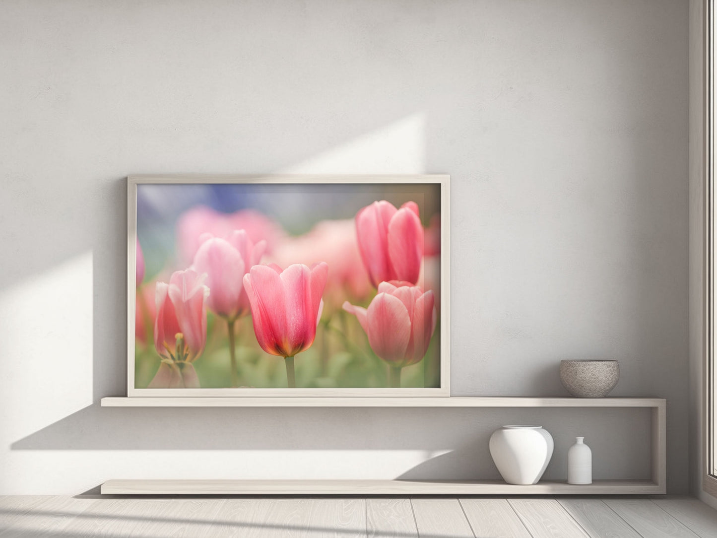 Blooming Pink Tulips in a Soft Dreamy Garden Setting