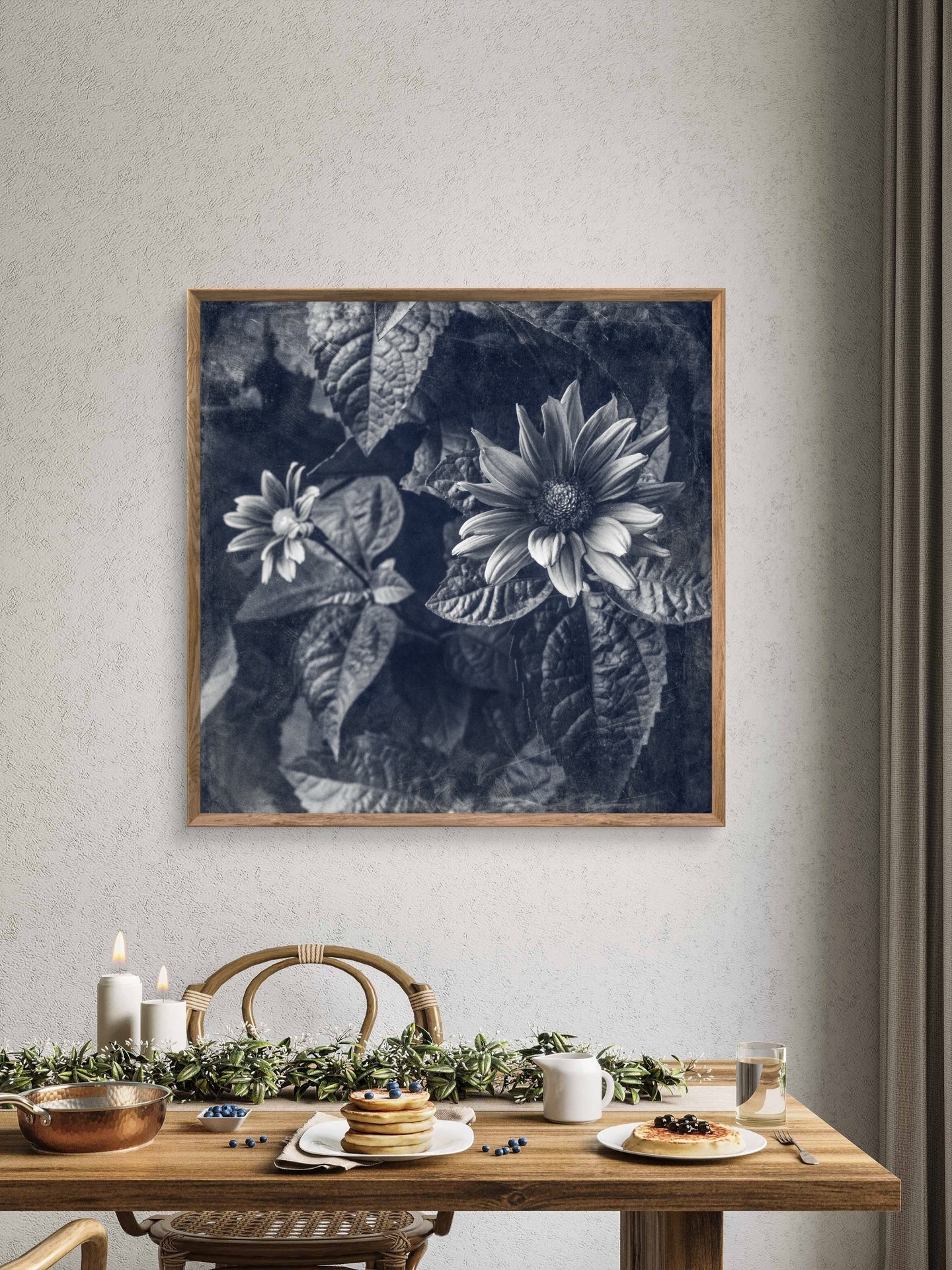 Blue Toned Black and White Floral Abstract