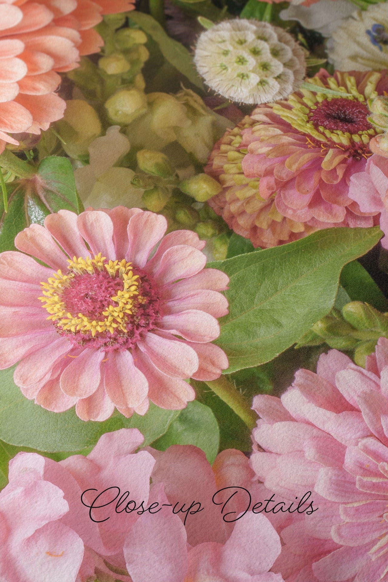 Floral Zinnia Arrangement Print With Vibrant Garden Flowers and Greenery