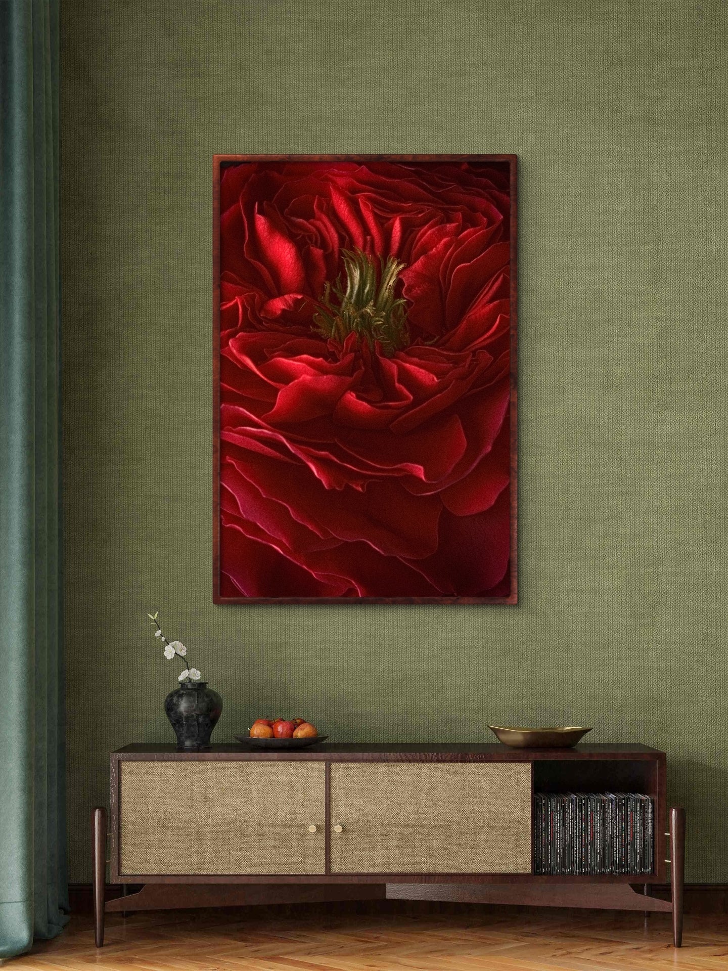 The Winter Red Rose, Dramatic Macro Red Petals Fine Art Photo, Statement Wall Art Piece, Vertical Moody