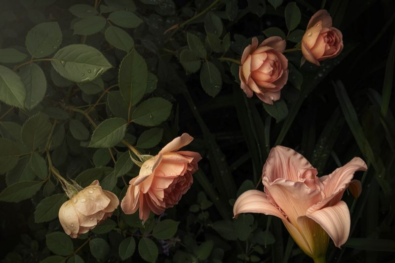Elegant Arrangement of Fresh Blooms in a Peaceful Garden Setting