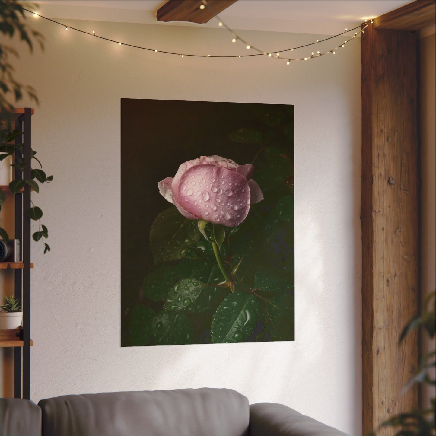 Fine Art Pink Garden Water Droplet Rose Photo, Watercolor Matte Poster, Gift for Garden and Flower Lovers, Coquette Wall Art, NOT AI