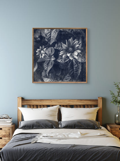 Blue Toned Black and White Floral Abstract
