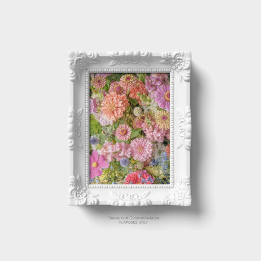 Floral Zinnia Arrangement Print With Vibrant Garden Flowers and Greenery