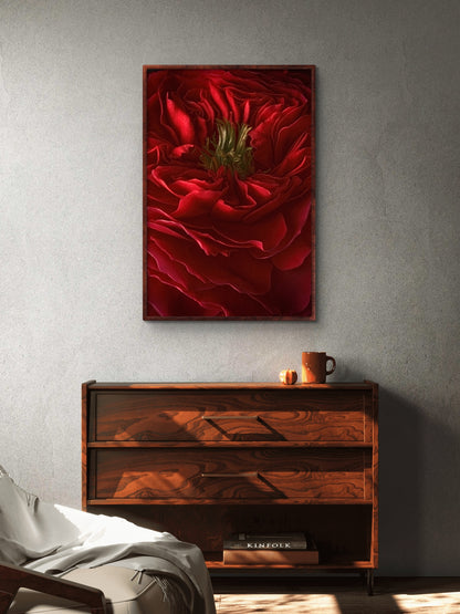 The Winter Red Rose, Dramatic Macro Red Petals Fine Art Photo, Statement Wall Art Piece, Vertical Moody