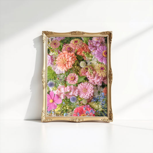 Floral Zinnia Arrangement Print With Vibrant Garden Flowers and Greenery