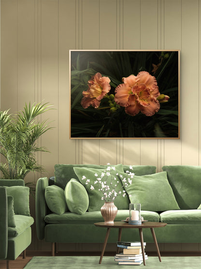 Ruffles on Daylilies, Peach Orange Moody Floral Horizontal Wall Art, Dramatic Photo Prints