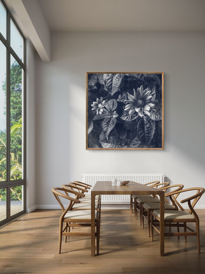 Blue Toned Black and White Floral Abstract