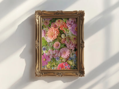 Floral Zinnia Arrangement Print With Vibrant Garden Flowers and Greenery