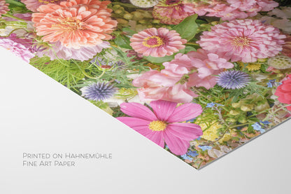 Floral Zinnia Arrangement Print With Vibrant Garden Flowers and Greenery