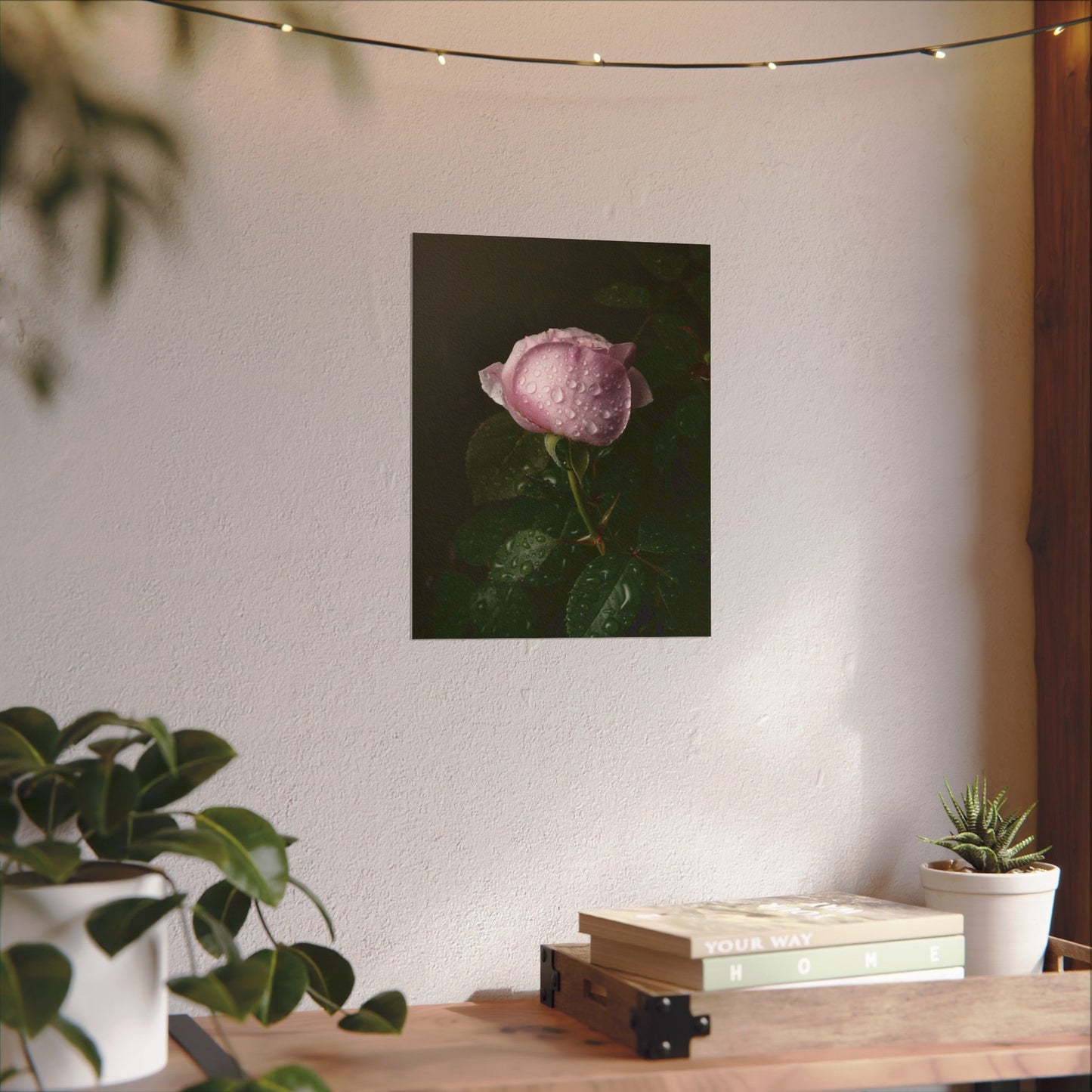 Fine Art Pink Garden Water Droplet Rose Photo, Watercolor Matte Poster, Gift for Garden and Flower Lovers, Coquette Wall Art, NOT AI