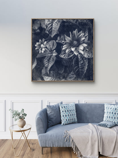 Blue Toned Black and White Floral Abstract