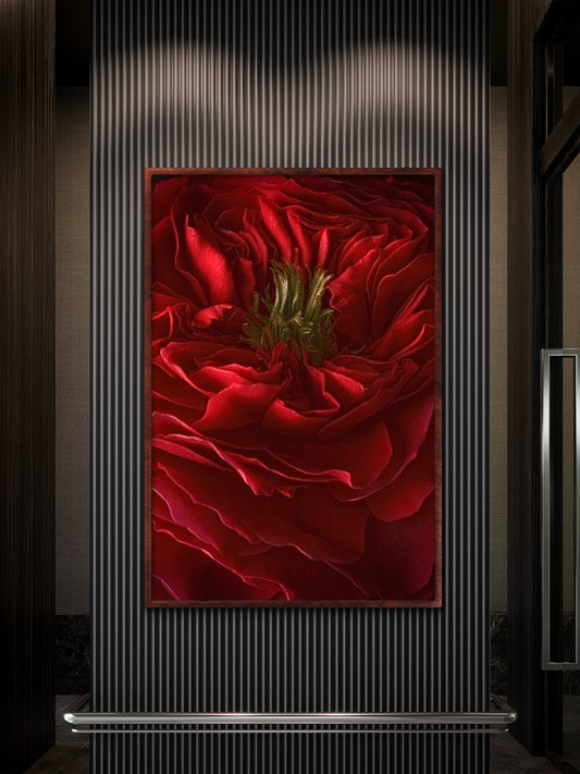 The Winter Red Rose, Dramatic Macro Red Petals Fine Art Photo, Statement Wall Art Piece, Vertical Moody