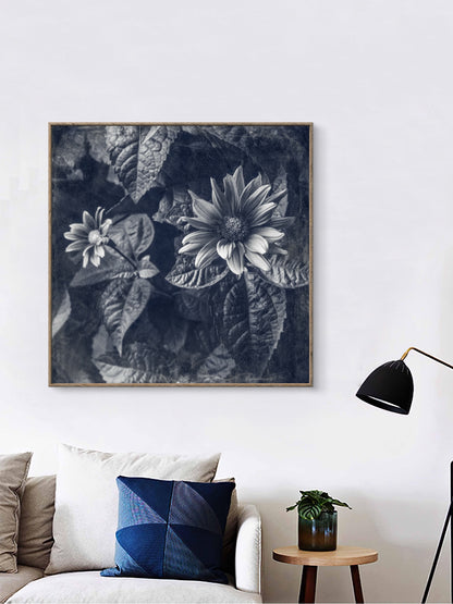 Blue Toned Black and White Floral Abstract