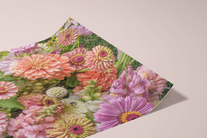 Floral Zinnia Arrangement Print With Vibrant Garden Flowers and Greenery