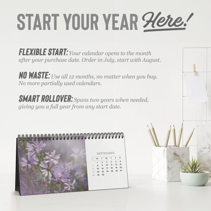 Automated Desktop Calendar Featuring Fine Art Garden Flowers, Flower Lover Gift