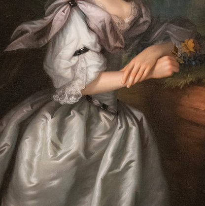 Portrait of a person in a white dress with lace details, wearing a pink headscarf.