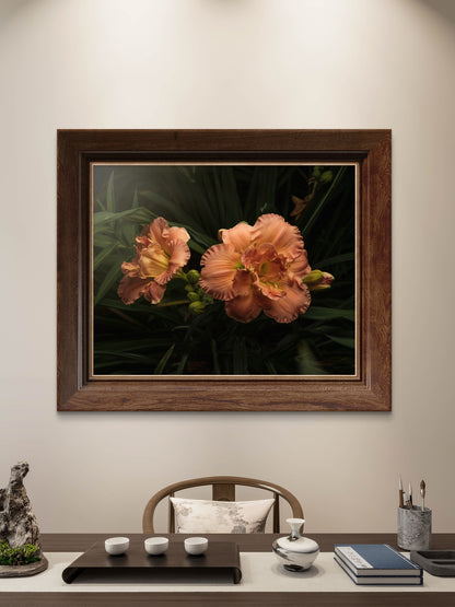 Ruffles on Daylilies, Peach Orange Moody Floral Horizontal Wall Art, Dramatic Photo Prints