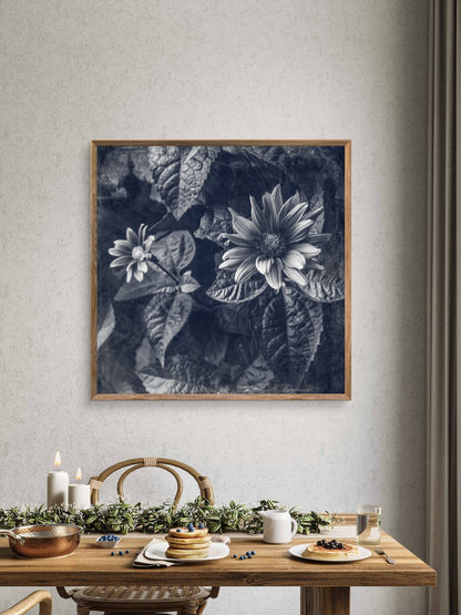 Blue Toned Black and White Floral Abstract