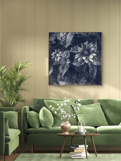 Blue Toned Black and White Floral Abstract